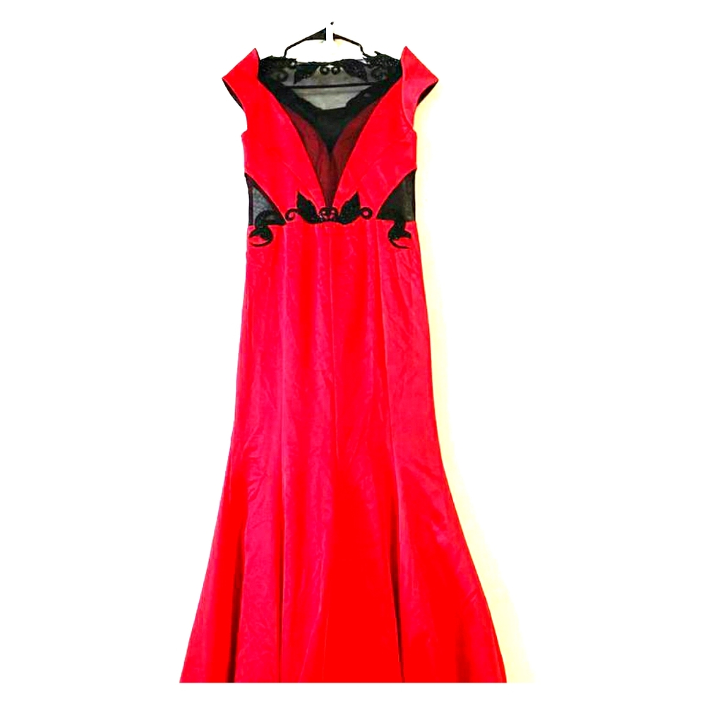Beaded red and black satin formal dress